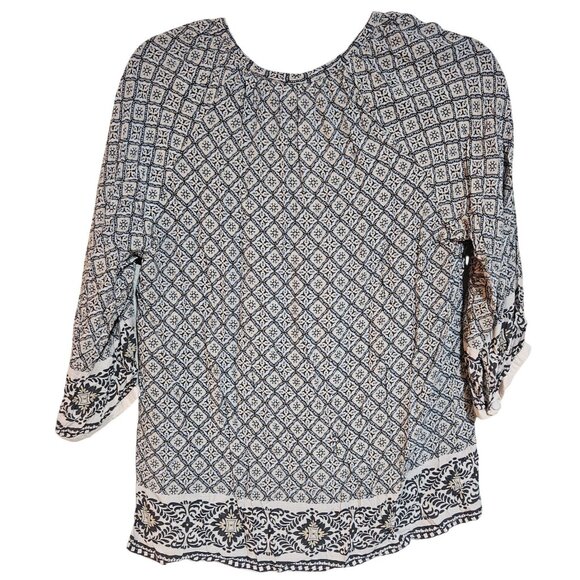 Artisan Ny Womens 3/4 Sleeve Boho Printed Blouse M 100% Rayon Blue & White - Picture 2 of 12